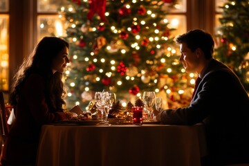 Christmas dinner of a loving married couple drinking wine. Young couple enjoying the holiday, holding champagne glasses against a Christmas tree and festive lights background.
