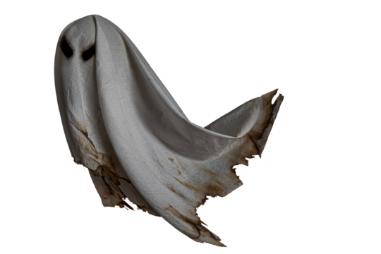Floating scary white fabric ghosts for Halloween parties to celebrate the night holiday. Creepy ghost character. Can be used in screen mode for a transparent effect.