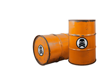 Barrel with toxic waste. Biohazard warning sign human skull with two crossed bones behind it. The...