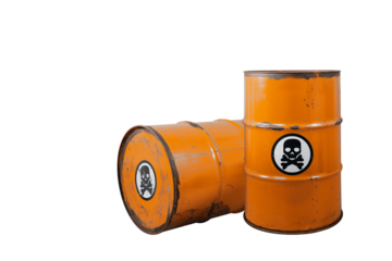 Barrel with toxic waste. Biohazard warning sign human skull with two crossed bones behind it. The symbol indicates that hazardous products death or poisoning. Rusty dangerous barrel with pathogens age
