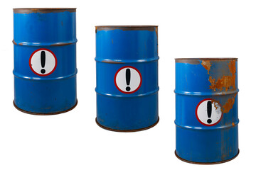 Blue barrel with biohazard warning exclamation mark, toxic waste. The symbol indicates that hazardous products death or poisoning. Rusty dangerous barrel with pathogens, toxins on isolated background