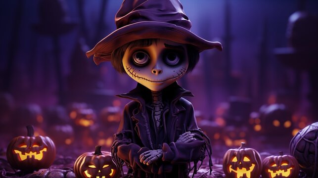 halloween character skelleton boy with jack-o'-lantern isolated on purple background.