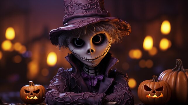 halloween character skelleton boy with jack-o'-lantern isolated on purple background.