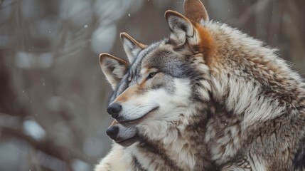 Fototapeta premium A Couple of wolves kissing each other in the snow falling in winter at a forest
