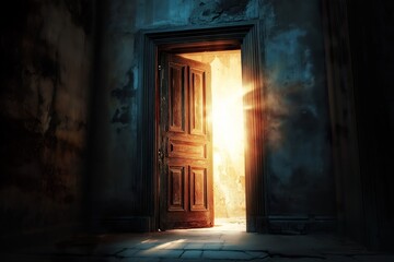 Curiosity: A mysterious, ancient door slightly ajar, with light streaming out from the crack.