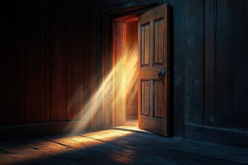 Curiosity: A mysterious, ancient door slightly ajar, with light streaming out from the crack.