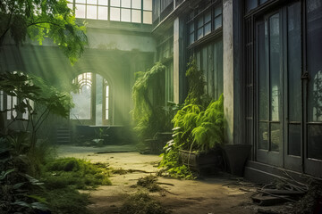 Gespenstischer Lost Place, verlassene Ruine einer alten Villa, Generative AI