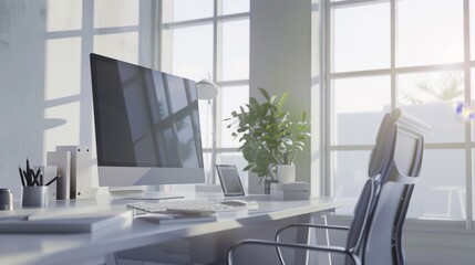 A modern office space is bathed in sunlight, showcasing sleek furniture, green plants, and a clean, productive ambiance.