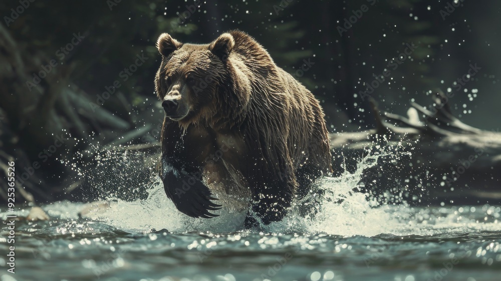 Wall mural a brown bear vigorously dashes through a river, captured mid-splash, embodying the raw, dynamic powe