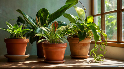 A variety of houseplants bathed in soft natural light