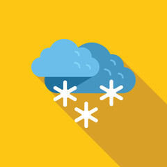 Blue cloud falling snowflakes winter season flat design icon with long shadow on yellow background