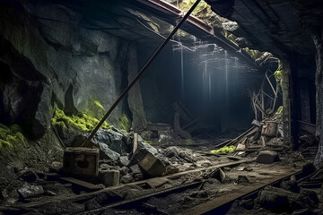 Gespenstischer Lost Place, verlassenes altes Bergwerk, Generative AI