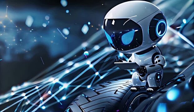 A cute robot sitting on a car tire, looking at an iPad and working hard to download data from blue lights in the background. The overall color scheme is dark gray with white light effects