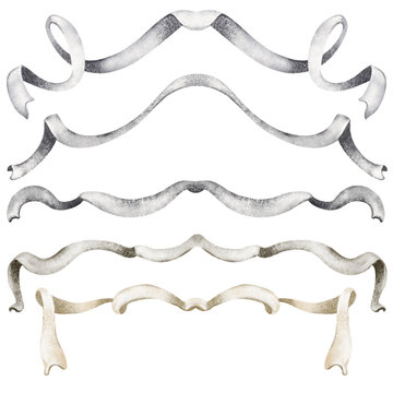 Watercolor Riband in Vintage style. Illustration ribbons on a white background. Royal style tape with a wavy design. Hand-drawn, curly ribbon graphic in grey colors for Christmas decorations.