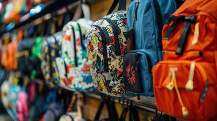 Fototapeta premium Trendy Teen School Backpacks with Modern Patterns Hanging in a Stylish Store Display