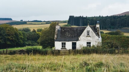 Obraz premium A charming white cottage with a slate roof stands in a vast, peaceful countryside landscape, surrounded by lush fields and distant woodlands.