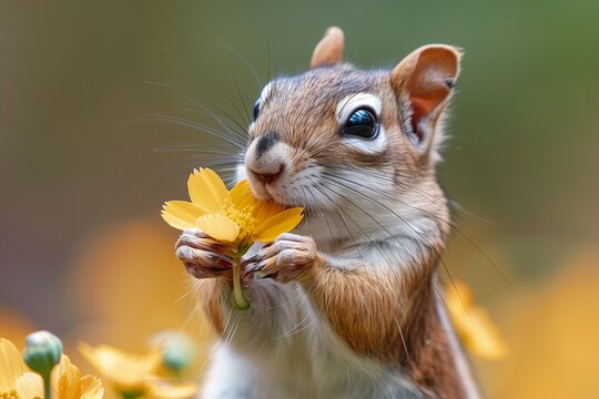 The squirrel smells a yellow flower
