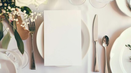 A beautifully set white dining table with an elegant menu card, ready for a formal event.