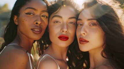 Obraz premium Three women with glowing skin and varied hairstyles stand together under sunlight, showcasing their radiance and natural beauty in a close portrait.