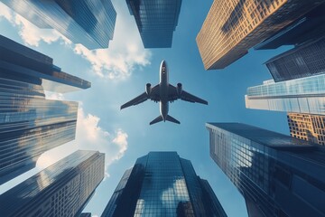 Airplanes flying over business buildings in the city skyscrapers