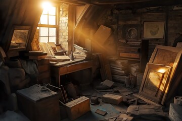 Nostalgia: An old, dusty attic filled with forgotten items, bathed in the warm glow of a setting sun.