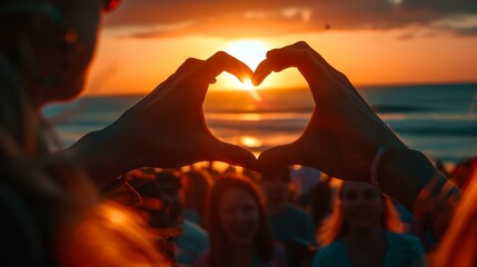 Silhouetted by a radiant sunset, hands form a heart shape in front of a group of beachgoers, symbolizing love and connection at twilight.