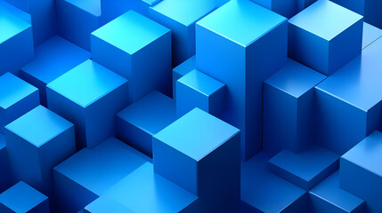 A vibrant arrangement of blue geometric shapes creating a modern 3D abstract design.