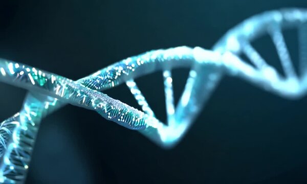 Abstract glittering DNA double helix with depth of field rotating. Mysterious source science animation. Genom futuristic footage. Conceptual design of genetics information. 4k UHD.
