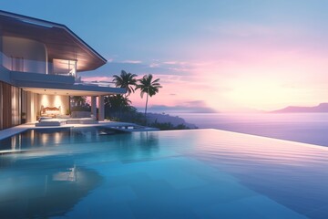 Luxury vacation villa with infinity pool at sunset