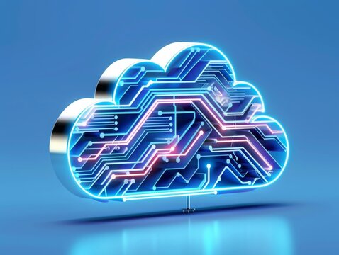 3d Cloud Computing and Data Security Concept. High-tech cloud icon with intricate circuit board patterns, secure cloud storagemanagement , data transfer, and digital connectivity, cloud solutions.