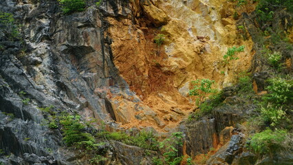 An image of a rocky cliff with a mix of gray and reddish hues, surrounded by greenery.