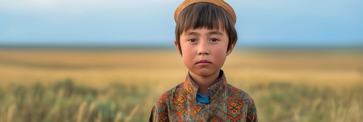 A young boy dressed in traditional clothing stands in the open fields, highlighting rural life and cultural heritage, with a determined expression.