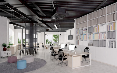 Office working space with computer and chairs.3d rendering