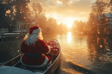 santa claus distributing presents from boat at picturesque harbor golden sunset illuminates snowcovered landscape creating magical holiday scene