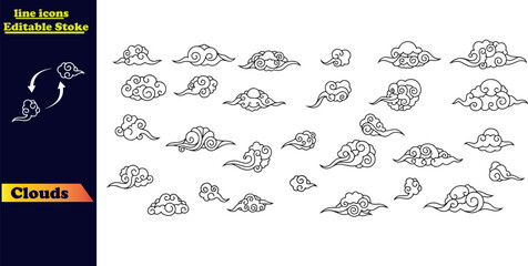 Chinese clouds. Traditional oriental cloudy element. Cartoon Asian line clouds shape.