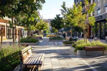 Obraz premium Modern City Square with Sustainable Design Elements for Urban Landscaping and Eco-Friendly Public Spaces