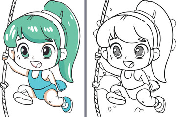 coloring page simple drawing of cartoon character  Rock Climbing, coloring book 