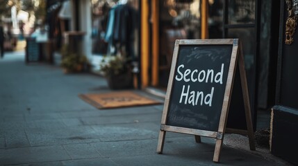 Vintage wooden sign saying Second Hand on the sidewalk in front of a shop, creating a charming and nostalgic atmosphere for passersby.