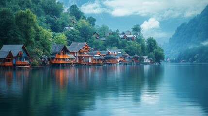 Obraz premium Colorful wooden cabins perch by the calm lake, reflecting vibrant hues in the still water amidst a backdrop of majestic mountains