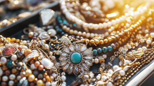Closeup of a variety of beautiful vintage costume jewelry including necklaces, bracelets, earrings displayed on a black background.