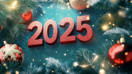 New Year themed banner with the text "2025". Christmas background