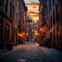 New York City Alley. Sunset in TriBeCa, Manhattan, Brick Village Scene