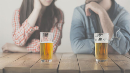 Two people sitting with glasses of beer on wooden table, both appearing distant and thoughtful. Scene captures a quiet, contemplative moment