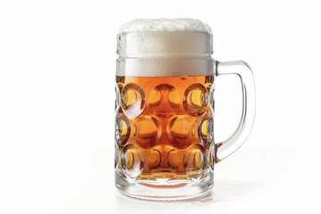 Frosty mug of beer with foam against white background. Image captures refreshing and crisp nature of a cold beer