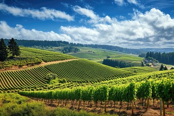 Fototapeta premium Oregon Vineyards. Rolling Hills of Vinery Landscape with Grapevines and Pinot Noir Background