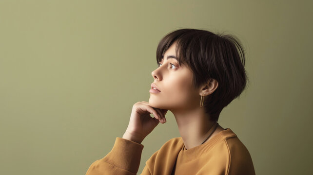 Nonbinary person with short dark hair wearing mustard colored sweater looking thoughtfully upward against green background. Their contemplative expression is highlighted by soft lighting - Powered by Adobe