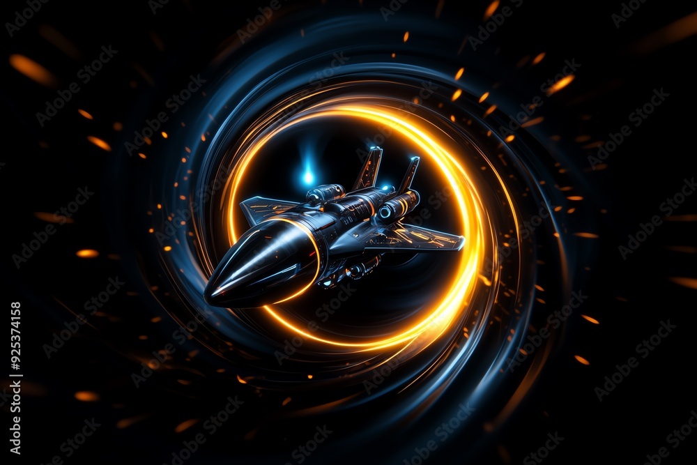Aufkleber futuristic spaceship flying through space-time vortex with glowing energy ring, representing advance