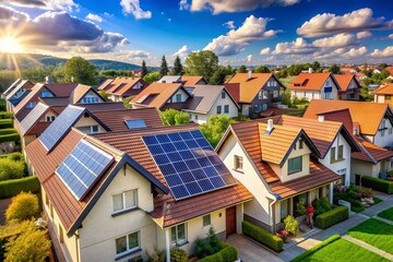 Obraz premium A row of houses with solar panels on the roofs