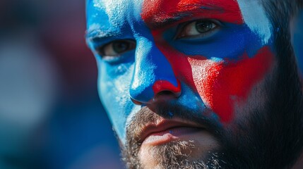 A fan's painted face shows intense passion, reflecting devotion during a critical play.