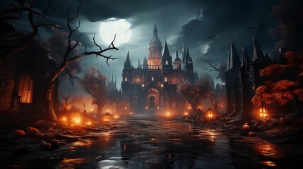 Halloween night scene background with castle with halloween pumpkin within flames in the graveyard.